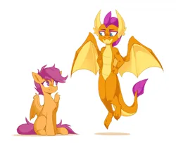 Size: 2124x1735 | Tagged: safe, artist:buvanybu, derpibooru import, scootaloo, smolder, dragon, pegasus, pony, :t, chest fluff, dragoness, duo, duo female, female, g4, image, looking at each other, looking at someone, midair, partially open wings, png, simple background, sitting, spread wings, white background, wings
