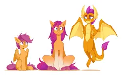 Size: 2450x1504 | Tagged: safe, artist:buvanybu, derpibooru import, scootaloo, smolder, sunny starscout, dragon, earth pony, pegasus, pony, g5, :t, chest fluff, colored hooves, confused, dragoness, female, food, g4, image, looking at someone, looking at you, midair, orange, partially open wings, png, simple background, sitting, spread wings, trio, trio female, white background, wide eyes, wings