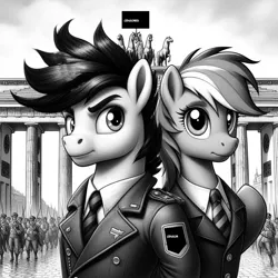 Size: 1024x1024 | Tagged: safe, ai content, derpibooru import, prompter:*rainbow dash*, rainbow dash, soarin', anthro, human, black and white, brandenburg gate, captain, censored, dress uniform, generator:bing image creator, grayscale, image, military, monochrome, officer, png