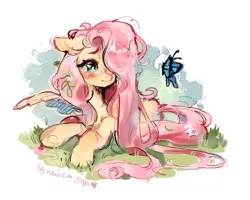 Size: 1812x1452 | Tagged: safe, artist:nevica, derpibooru import, fluttershy, butterfly, insect, pegasus, pony, female, hair over one eye, image, lying down, mare, png, prone