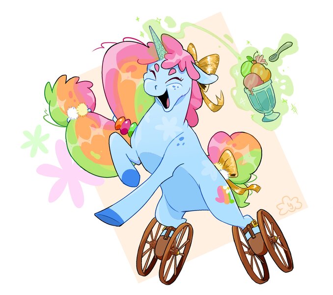 Size: 2481x2196 | Tagged: safe, artist:cracklewink, derpibooru import, oc, unofficial characters only, pony, unicorn, abstract background, amputee, bow, female, food, hair bow, ice cream, image, jpeg, magic, mare, prosthetic leg, prosthetic limb, prosthetics, solo, spoon, tail, tail bow, telekinesis