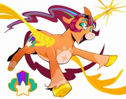 Size: 2428x1913 | Tagged: safe, alternate version, artist:cracklewink, derpibooru import, sunny starscout, alicorn, pony, g5, my little pony: a new generation, alternate cutie mark, alternate hairstyle, artificial horn, artificial wings, augmented, coat markings, colored hooves, female, gold hooves, hooves, horn, image, jpeg, magic, magic horn, magic wings, mare, race swap, redesign, simple background, solo, sunnycorn, white background, wings