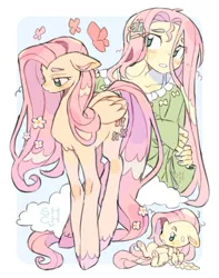 Size: 1536x1945 | Tagged: safe, artist:sharpycharot, derpibooru import, fluttershy, butterfly, human, insect, pegasus, pony, equestria girls, abstract background, chest fluff, clothes, cloven hooves, female, hairpin, human ponidox, image, jpeg, lying down, mare, self paradox, self ponidox, solo