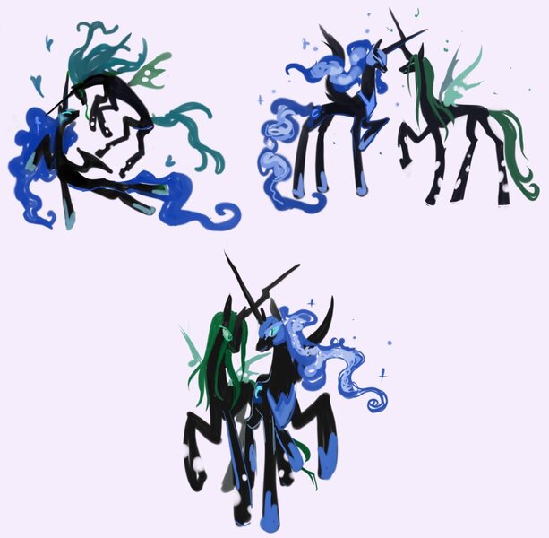 Size: 924x905 | Tagged: safe, artist:trollfuneral, derpibooru import, nightmare moon, queen chrysalis, alicorn, changeling, changeling queen, pony, crossed horns, duo, female, helmet, hoof shoes, horn, horns are touching, image, jpeg, lesbian, mare, peytral, ship:chrysmoon, shipping, simple background