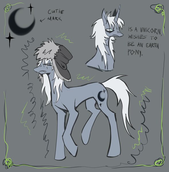 Size: 1200x1221 | Tagged: safe, artist:trollfuneral, derpibooru import, oc, oc:hazel hooves, unofficial characters only, pony, unicorn, gray background, hat, image, jpeg, male, reference sheet, simple background, snaggletooth, solo, stallion