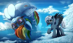 Size: 5123x3016 | Tagged: safe, artist:dinoalpaka, derpibooru import, rainbow dash, oc, oc:tempest streamrider, pegasus, pony, cloud, female, flying, g4, glasses, image, male, mare, open mouth, perspective, png, sky, stallion, wings