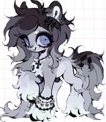 Size: 1776x2048 | Tagged: safe, artist:p0nyplanet, derpibooru import, oc, unofficial characters only, pony, wolf, wolf pony, abstract background, adoptable, bracelet, chest fluff, crucifix, ear fluff, female, hairclip, image, jewelry, jpeg, mare, sharp teeth, solo, teeth, unshorn fetlocks