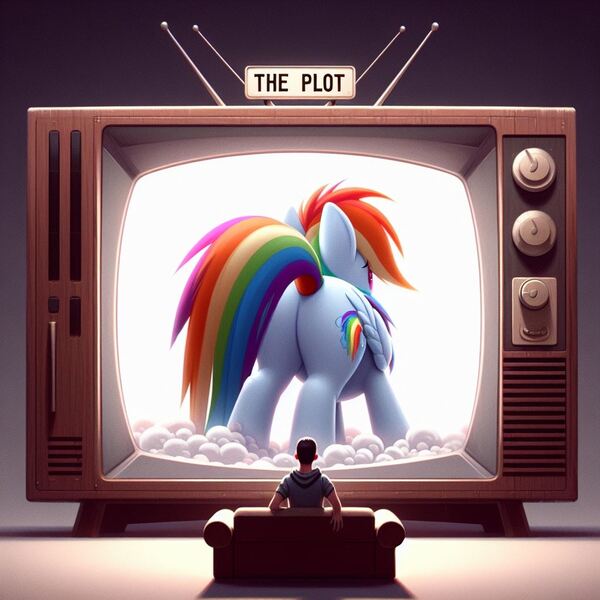 Size: 1024x1024 | Tagged: prompter needed, suggestive, ai content, derpibooru import, machine learning generated, rainbow dash, human, pegasus, pony, butt, clothes, cloud, couch, duo, female, g4, generator:dall-e 3, gradient background, i watch it for the plot, image, jpeg, mare, meme, plot, rear view, television, the ass was fat, tv lighting, wrong cutie mark