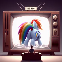 Size: 1024x1024 | Tagged: prompter needed, suggestive, ai content, derpibooru import, machine learning generated, rainbow dash, human, pegasus, pony, butt, clothes, cloud, couch, duo, female, g4, generator:dall-e 3, gradient background, i watch it for the plot, image, jpeg, mare, meme, plot, rear view, television, the ass was fat, wrong cutie mark