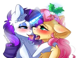 Size: 2482x1835 | Tagged: suggestive, alternate version, artist:yuris, derpibooru import, fluttershy, rarity, pegasus, pony, unicorn, a hearth's warming tail, blushing, christmas, drool, ears up, female, floppy ears, french kiss, g4, hearth's warming, hearth's warming eve, holiday, image, interpretation, kissing, lesbian, lgbt, magic, mistletoe, open mouth, png, scene interpretation, shipping, simple background, telekinesis, white background