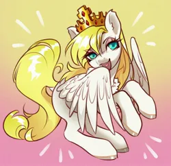 Size: 2700x2618 | Tagged: safe, artist:opalacorn, derpibooru import, oc, oc:sweet cream, unofficial characters only, pegasus, pony, crown, emanata, female, gradient background, image, jewelry, jpeg, mare, open mouth, open smile, regalia, smiling, solo