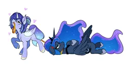 Size: 3961x2019 | Tagged: safe, artist:opalacorn, derpibooru import, princess luna, oc, oc:asteria, alicorn, pony, unicorn, artificial wings, augmented, blushing, collar, commission, constellation, constellation freckles, cross-popping veins, crossed hooves, dragging, duo, emanata, eyes closed, female, floppy ears, freckles, g4, heart, image, jpeg, leash, luna is not amused, lying down, magic, magic wings, mare, mouth hold, on back, pet play, prone, pulling, simple background, smiling, sweat, sweatdrop, unamused, white background, wings