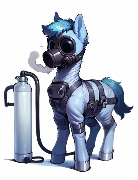 Size: 1280x1664 | Tagged: safe, ai content, derpibooru import, generator:eris, machine learning generated, stable diffusion, tank, oc, unnamed oc, unofficial characters only, earth pony, pony, air tank, blue coat, blue fur, blue hair, blue mane, blue tail, breath, derpibooru exclusive, gas mask, gas tank, goggles, harness, hazmat suit, hooves, image, jpeg, mask, safety goggles, tack, tail, tube