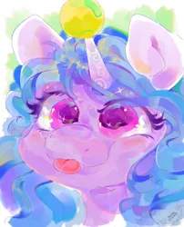 Size: 1620x2002 | Tagged: safe, artist:noblecrumble, derpibooru import, izzy moonbow, unicorn, g5, :p, ball, cute, image, izzybetes, jpeg, tennis ball, tongue out