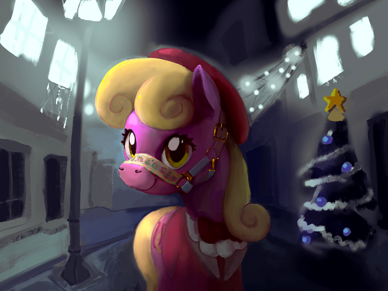 Size: 2732x2048 | Tagged: safe, artist:mandumustbasukanemen, derpibooru import, luckette, earth pony, pony, bridle, christmas, christmas tree, city, clothes, female, holiday, image, jpeg, mare, night, solo, tack, tree, winter