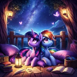 Size: 1536x1536 | Tagged: safe, ai content, derpibooru import, machine learning generated, rainbow dash, twilight sparkle, twilight sparkle (alicorn), alicorn, firefly (insect), insect, pegasus, pony, basket, book, cloud, detailed background, duo, duo female, eyebrows, eyebrows visible through hair, female, floor, g4, generator:dall-e 3, image, lantern, leaves, lesbian, looking up, lying down, mare, night, night sky, paper, pillow, png, prompter:tyto4tme4l, quill, railing, shipping, sky, smiling, snuggling, stars, tree, twidash, upscaled, wood