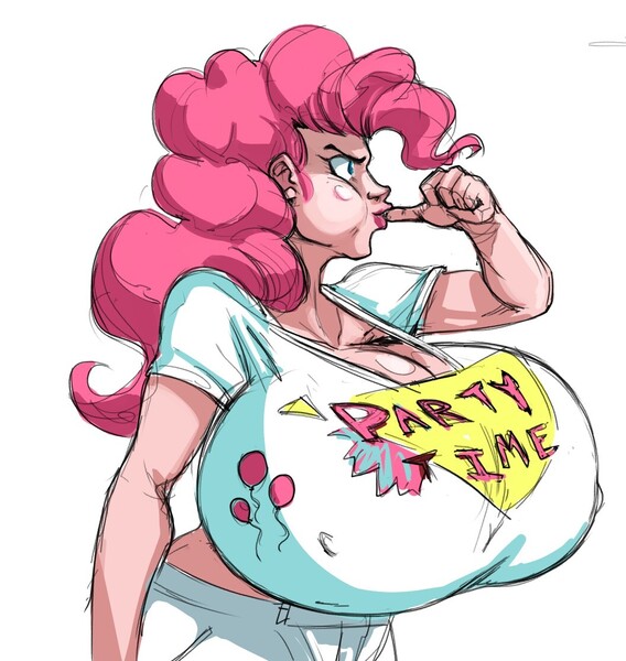 Size: 1056x1116 | Tagged: suggestive, artist:first-second, derpibooru import, pinkie pie, human, big breasts, blowing, breasts, busty pinkie pie, erect nipples, female, huge breasts, humanized, image, impossibly large breasts, jpeg, pinkie being pinkie, ponk, puffy cheeks, simple background, solo, white background