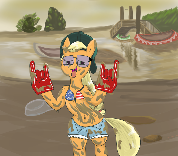 Size: 1590x1400 | Tagged: safe, artist:amateur-draw, derpibooru import, applejack, anthro, earth pony, backwards ballcap, baseball cap, bikini, canoe, cap, clothes, crossover, denim, denim shorts, foam finger, grand theft auto, gta iv, hat, image, mud, muddy, png, shorts, solo, sunglasses, swimsuit