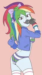 Size: 1605x2854 | Tagged: suggestive, artist:sumin6301, derpibooru import, rainbow dash, human, equestria girls, 2d, ass, bow, breasts, butt, clothes, female, hair bow, image, jacket, jpeg, legs, long sleeves, looking at you, microphone, open mouth, panties, pink background, pockets, rainbutt dash, sideboob, simple background, smiling, smiling at you, socks, solo, striped bra, striped underwear, thigh highs, underwear