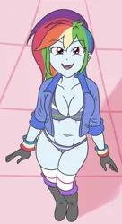 Size: 1555x2854 | Tagged: suggestive, artist:sumin6301, derpibooru import, rainbow dash, human, equestria girls, 2d, belly button, boots, breasts, busty rainbow dash, cleavage, clothes, female, gloves, image, jpeg, looking at you, looking up, looking up at you, midriff, open mouth, panties, shoes, smiling, smiling at you, socks, solo, striped bra, striped underwear, thigh highs, underwear, wrist cuffs