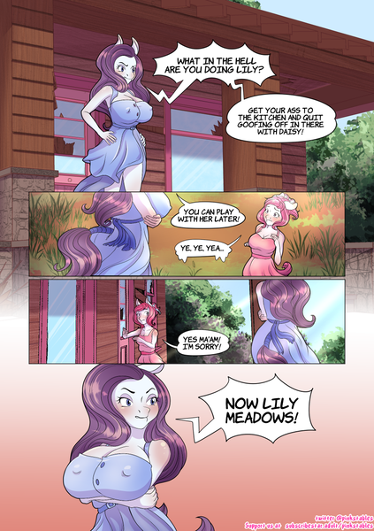 Size: 874x1240 | Tagged: safe, artist:pinkstables, derpibooru import, oc, oc:lily meadows, unofficial characters only, anthro, series:pink stables, aftersex, big breasts, breasts, comic, erect nipples, farm, female, futa, futa oc, futa on futa, herm, huge breasts, image, intersex, mother and child, mother and daughter, nipple outline, nipples, not rarity, nudity, oc x oc, png, shipping