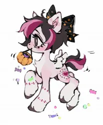 Size: 1688x2048 | Tagged: safe, artist:p0nyplanet, derpibooru import, oc, oc:oopsie doodle, unofficial characters only, pegasus, pony, bow, candy, chest fluff, female, food, hair bow, halloween, holiday, image, jpeg, mare, pumpkin bucket, simple background, solo, stitches, unshorn fetlocks, white background