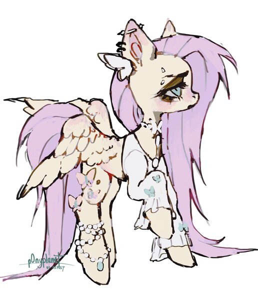 Size: 1762x2048 | Tagged: safe, artist:p0nyplanet, derpibooru import, fluttershy, pegasus, pony, bracelet, choker, clothes, ear piercing, earring, eyebrow piercing, female, image, jewelry, jpeg, mare, piercing, shirt, simple background, solo, white background