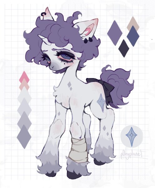 Size: 1692x2048 | Tagged: safe, artist:p0nyplanet, derpibooru import, rarity, oc, unofficial characters only, pony, unicorn, abstract background, bandage, bow, chest fluff, ear piercing, earring, female, image, jewelry, jpeg, kinsona, mare, piercing, reference sheet, solo, tail, tail bow