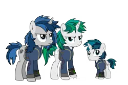 Size: 3000x2000 | Tagged: safe, artist:suramii, derpibooru import, oc, oc:silber, unofficial characters only, pony, unicorn, clothes, colt, female, foal, image, jumpsuit, male, mare, png, simple background, transparent background, vault suit, vector