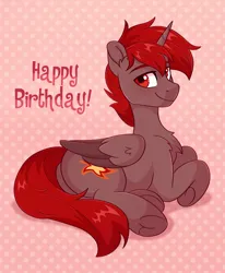 Size: 1820x2210 | Tagged: safe, artist:skysorbett, derpibooru import, oc, oc:hardy, unofficial characters only, alicorn, pony, abstract background, alicorn oc, bedroom eyes, butt, chest fluff, colored wings, ear fluff, folded wings, happy birthday, horn, image, looking at you, lying down, male, plot, png, simple background, solo, stallion, two toned wings, underhoof, wings