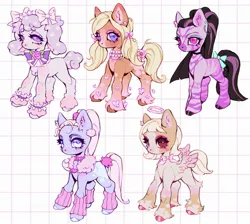 Size: 2048x1835 | Tagged: safe, artist:p0nyplanet, derpibooru import, oc, unofficial characters only, earth pony, pegasus, pony, adoptable, bow, bowtie, chest fluff, choker, clothes, ear fluff, ear piercing, earring, female, hair bow, image, jewelry, jpeg, leg warmers, mare, necklace, piercing, tail, tail bow, unshorn fetlocks