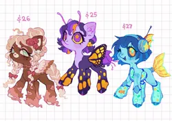 Size: 2048x1450 | Tagged: safe, artist:p0nyplanet, derpibooru import, oc, unofficial characters only, butterfly, butterfly pony, fish, hybrid, insect, merpony, pegasus, pony, robot, robot pony, abstract background, adoptable, antennae, braid, butterfly wings, choker, female, fish tank, flower, flower in hair, headphones, image, jpeg, mare, one eye closed, trio, unshorn fetlocks, wings, wink