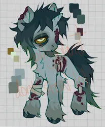 Size: 1696x2048 | Tagged: grimdark, artist:p0nyplanet, derpibooru import, oc, unofficial characters only, pony, undead, unicorn, zombie, zombie pony, adoptable, bandage, chest fluff, exposed bone, image, jpeg, missing eye, reference sheet, ribcage, solo, torn ear, unshorn fetlocks
