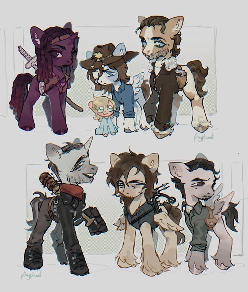 Size: 1740x2048 | Tagged: safe, artist:p0nyplanet, derpibooru import, ponified, pegasus, pony, unicorn, beard, clothes, crossbow, eyepatch, facial hair, female, gun, handgun, holster, image, jacket, jpeg, katana, male, mare, pistol, stallion, sword, the walking dead, unshorn fetlocks, weapon