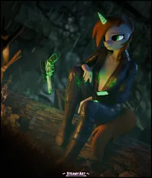 Size: 3291x3840 | Tagged: suggestive, artist:phenioxflame, derpibooru import, oc, oc:littlepip, anthro, unicorn, fallout equestria, 3d, absolute cleavage, blender, breasts, campfire, cleavage, clothes, female, gun, handgun, horn, image, levitation, magic, open clothes, pipbuck, png, rain, revolver, solo, solo female, telekinesis, unicorn oc, vault suit, wet