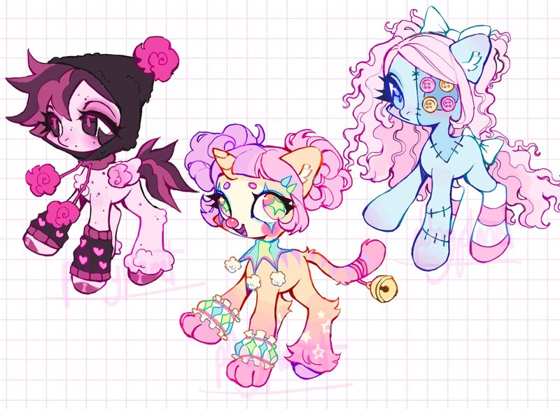 Size: 2048x1494 | Tagged: safe, artist:p0nyplanet, derpibooru import, oc, unofficial characters only, doll pony, original species, pegasus, pony, unicorn, adoptable, bow, button eyes, clothes, clown, clown nose, doll, female, hair bow, image, jpeg, leg warmers, mare, red nose, stitched body, stitches, tail, tail bow, toy, trio, unshorn fetlocks