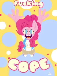 Size: 3000x4000 | Tagged: safe, artist:kenn, derpibooru import, pinkie pie, anthro, earth pony, clothes, cute, fucking cope, g4, image, jpeg, shirt, shoes, shorts, sneakers, solo, t-shirt, text, vest, vulgar