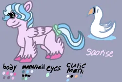 Size: 1500x1000 | Tagged: safe, artist:mintwhistle, derpibooru import, oc, oc:saorise, unofficial characters only, bird, pegasus, pony, swan, bow, colored hooves, cutie mark, feathered fetlocks, female, folded wings, gray background, hair over one eye, image, mare, medibang paint, pegasus oc, png, reference sheet, simple background, smiling, solo, tail, tail bow, unshorn fetlocks, wings