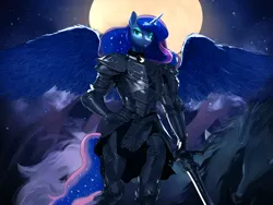 Size: 2048x1536 | Tagged: safe, ai content, derpibooru import, editor:image, machine learning generated, stable diffusion, princess luna, alicorn, anthro, armor, dark souls, fantasy, female, full moon, g4, image, moon, night, plate armor, png, prompter:image, solo, sword, weapon, wings