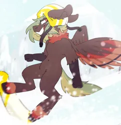 Size: 1456x1504 | Tagged: safe, artist:kirbirb, ponerpics import, ponybooru import, oc, oc:terracotta, unofficial characters only, hippogriff, grabby boi, helmet, hippogriff oc, image, png, snow, snowboard, snowboarding, solo, talons, unshorn fetlocks, wings
