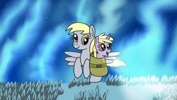 Size: 1920x1080 | Tagged: safe, artist:platinumdrop, derpibooru import, derpy hooves, dinky hooves, aurora borealis, bag, commission, flying, image, night, png, saddle bag