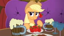 Size: 7282x4096 | Tagged: safe, artist:sollace, derpibooru import, part of a set, applejack, earth pony, pony, series:pov, viva las pegasus, absurd resolution, alcohol, apple, blushing, bronybait, cider, cute, date, derpibooru exclusive, dinner, drink, eating, female, floppy ears, food, fork, g4, hat, image, las pegasus, looking at you, offscreen character, png, pov, restrained, show accurate, vector, wine