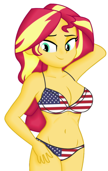 Size: 782x1242 | Tagged: suggestive, alternate version, artist:ah96, artist:edy_january, derpibooru import, edit, editor:ah96, part of a set, vector edit, sunset shimmer, human, equestria girls, american flag, american flag bikini, bikini, breasts, busty sunset shimmer, clothes, flag, image, png, simple background, solo, swimsuit, transparent background, united states, vector