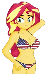 Size: 782x1242 | Tagged: suggestive, alternate version, artist:ah96, artist:edy_january, derpibooru import, edit, editor:ah96, part of a set, vector edit, sunset shimmer, human, equestria girls, american flag, american flag bikini, bikini, breasts, busty sunset shimmer, clothes, flag, image, png, simple background, solo, swimsuit, transparent background, united states, vector