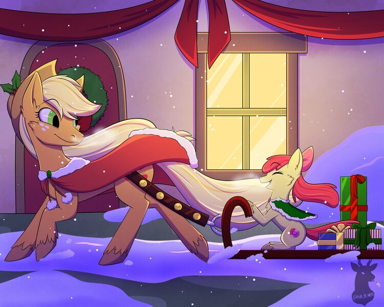 Size: 3500x2800 | Tagged: safe, artist:ohdeerdrawings, derpibooru import, apple bloom, applejack, earth pony, pony, apple sisters, cape, christmas, christmas presents, clothes, door, eyes closed, female, filly, foal, holiday, image, jpeg, mare, present, siblings, sisters, sled, snow, snowfall, window, wreath