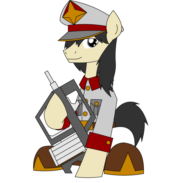 Size: 1600x1600 | Tagged: safe, artist:efpony, derpibooru import, oc, oc:efpony, unofficial characters only, earth pony, pony, derpibooru community collaboration, 2024 community collab, clothes, image, male, png, simple background, sitting, smiling, solo, transparent background, uniform, weapon