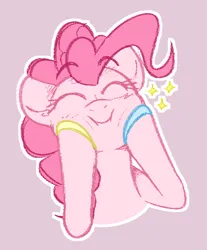 Size: 480x580 | Tagged: safe, artist:blex, derpibooru import, pinkie pie, earth pony, pony, cheek squish, colored, colored hooves, emanata, eyebrows, eyebrows visible through hair, eyes closed, female, g4, half body, happy, image, looking at you, mare, pink background, png, simple background, smiling, smiling at you, solo, sparkles, squishy cheeks