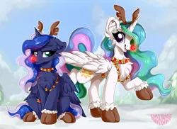 Size: 2304x1677 | Tagged: safe, artist:woonborg, derpibooru import, princess celestia, princess luna, alicorn, pony, antlers, chest fluff, christmas, clothes, cute, ear fluff, grumpy, happy, holiday, image, lunabetes, png, reindeer antlers, rudolph nose, shoes, winter