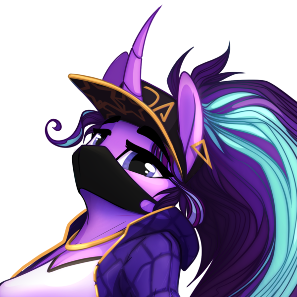 Size: 1300x1300 | Tagged: safe, artist:alrumoon_art, derpibooru import, starlight glimmer, anthro, unicorn, baseball cap, bust, cap, clothes, collaboration, collaboration:choose your starlight, ear piercing, face mask, hat, image, jewelry, looking at you, mask, necklace, piercing, png, ponytail, portrait, simple background, solo, transparent background
