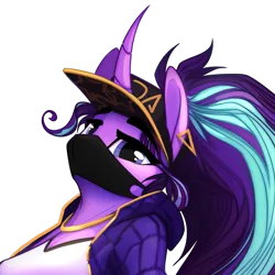 Size: 1300x1300 | Tagged: safe, artist:alrumoon_art, derpibooru import, starlight glimmer, anthro, unicorn, baseball cap, bust, cap, clothes, collaboration, collaboration:choose your starlight, ear piercing, face mask, hat, image, jewelry, looking at you, mask, necklace, piercing, png, ponytail, portrait, simple background, solo, transparent background